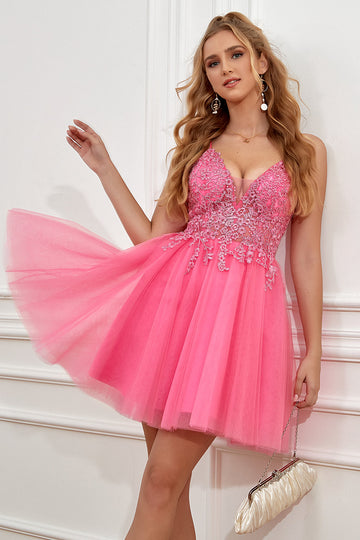 Fucsia Tirantes de Espagueti Escote A Vestido Corto de Graduación